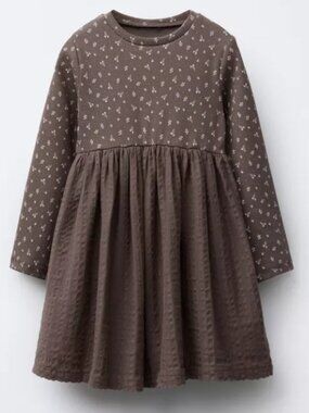 Zara 3 Years Toddler Girl Brown Long Sleeve Floral Dress Neutral Minimalist